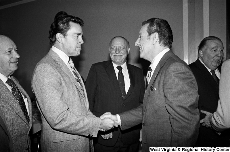 Photograph of Congressmen Douglas Applegate (OH), Joseph Addabbo (NY), Senator Jennings Randolph (WV), and actor Danny Thomas