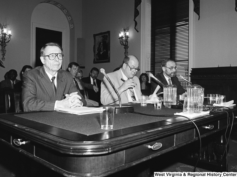 Photograph of unidentified speakers at a committee hearing