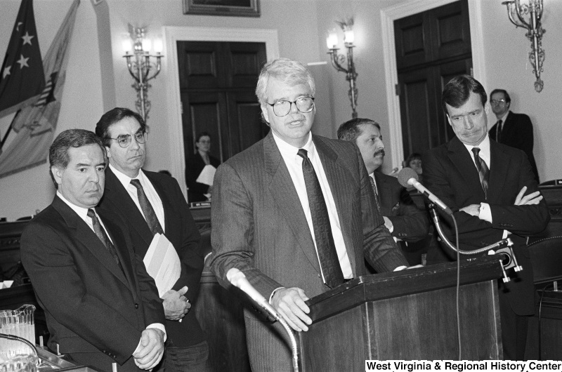 Photograph of Congressmen Nick Rahall, George Miller, Bruce Vento (MN), Peter Kostmayer (PA), and Sam Gejdenson (CT)