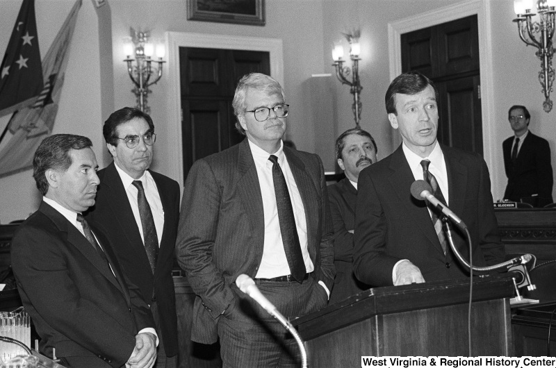 Photograph of Congressmen Nick Rahall, George Miller (WV), Bruce Vento (MN), Sam Gejdenson (CT), and Peter Kostmayer (PA)