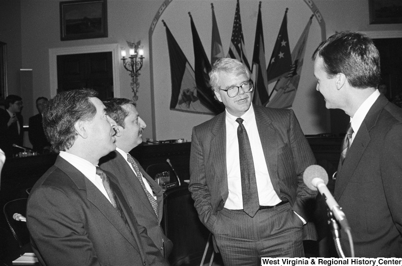 Photograph of Congressmen Nick Rahall, George Miller, Peter Kostmayer, and Sam Gejdenson at a hearing