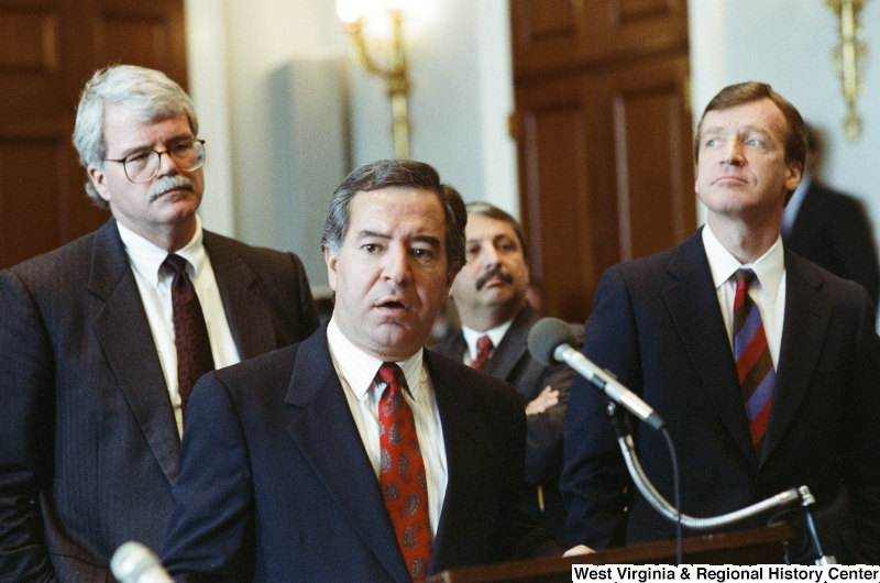 Photograph of Congressmen Nick Rahall, George Miller, and Peter Kostmayer at an unidentified hearing