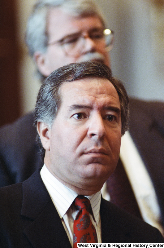 Photograph of Congressmen Nick Rahall and George Miller at an unidentified hearing