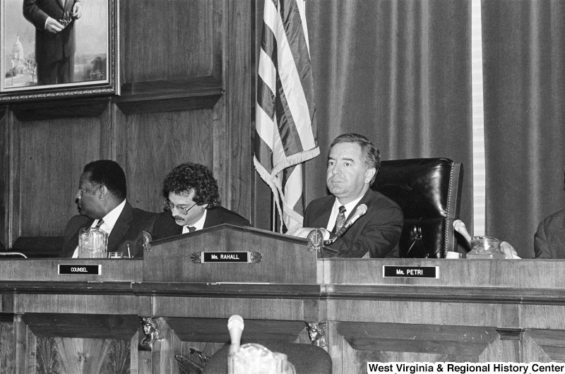 Photograph of Congressman Nick Rahall and others at an unidentified hearing