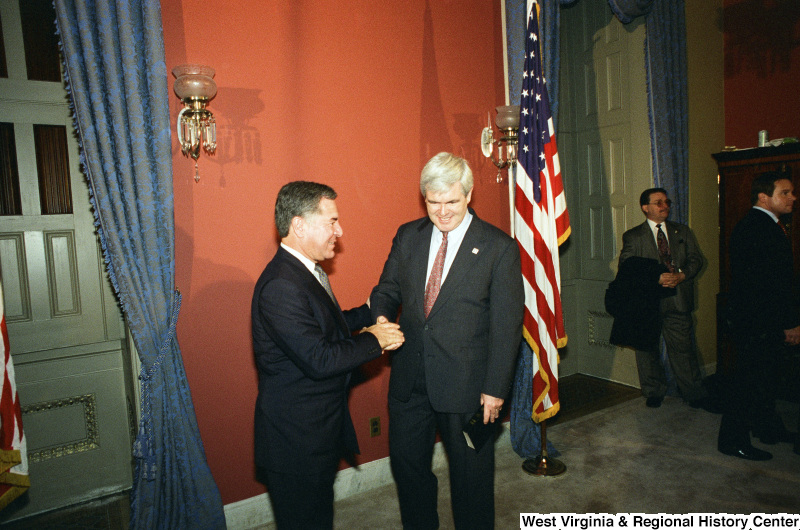 Photograph of Congressman Nick Rahall and Newt Gingrich at the 104th Congress Speaker of the House Ceremonial Swearing-in