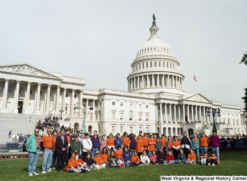 Photograph of a group of students from Lewisburg outside of the Capitol Building with Congressman Nick Rahall