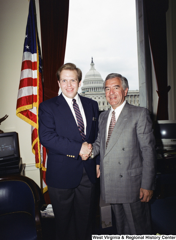 Photograph of Congressman Nick J. Rahall with an unidentified visitor to his Washington, D.C. office