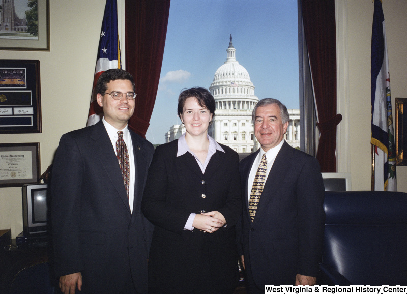 Photograph of Congressman Nick Rahall with two unidentified visitors to his Washington office