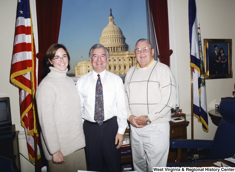 Photograph of Congressman Nick J. Rahall with two unidentified people visiting his Washington office