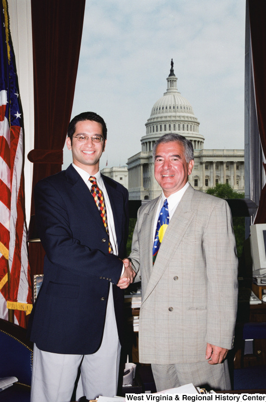 Photograph of Congressman Nick J. Rahall with an unidentified visitor to his Washington office