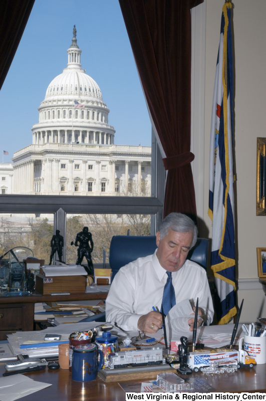 Congressman Rahall sits at his desk in his Washington office.