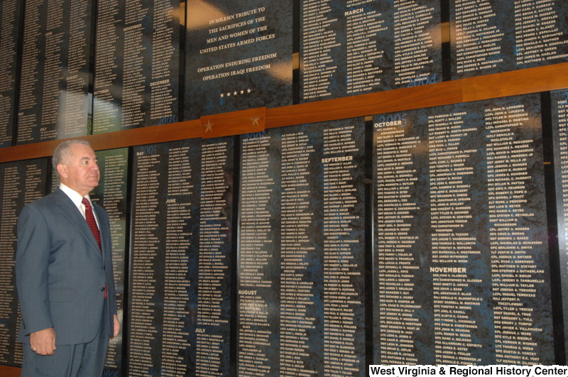 Congressman Rahall stands at a Unites States Armed Forces memorial for veterans of Operation Enduring Freedom and Operation Iraqi Freedom.