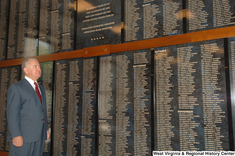 Congressman Rahall stands at a Unites States Armed Forces memorial for veterans of Operation Enduring Freedom and Operation Iraqi Freedom.