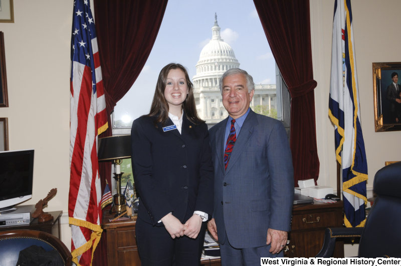 Congressman Rahall in his Washington office stands with Senate Democratic Page Megan Price.