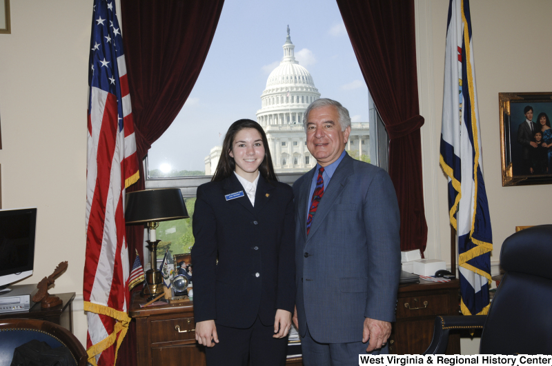 Congressman Rahall in his Washington office stands with Senate Democratic Page Lisa Warner.