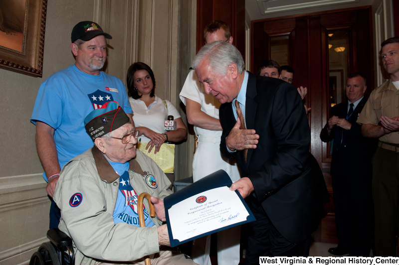 Congressman Rahall presents a Certificate of Special Congressional Recognition to Andrew Semonco, World War II veteran.