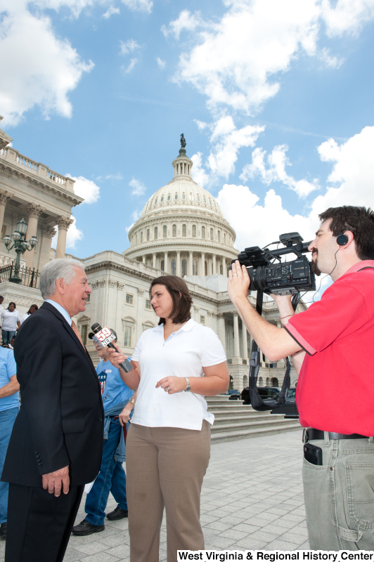 Congressman Rahall gives a television interview outside of the Capitol Building at a military award ceremony.