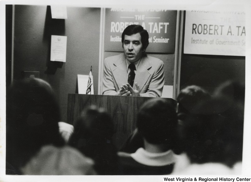 Congressman Nick Rahall II speaking to students at the Robert A. Taft seminar at Marshall University campus during the summer of 1978.