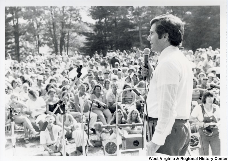 Photograph of Congressman Nick Rahall II speaking at the United Mine Workers of America Labor Day rally held at Grandview State Park in Beckley, West Virginia.