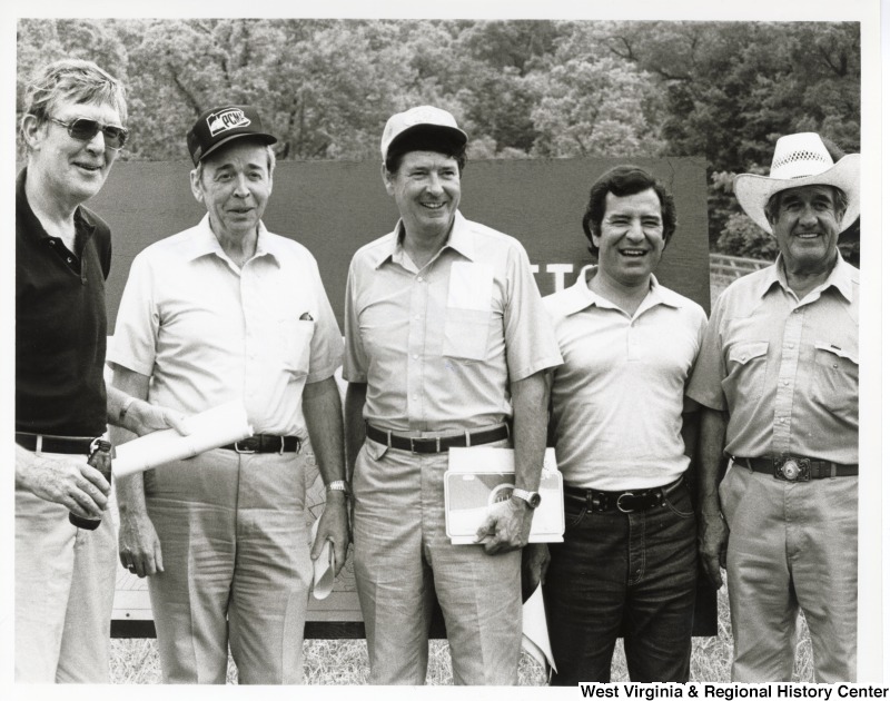 From left to right: Congressman Mo Udall (D-AZ), Director Dick Harris (OSM), Congressman Austin Murphy (D-PA), Congressman Nick Rahall (D-WV) and Jim Compton, coal operator at a surface mine (strip mine) tour.