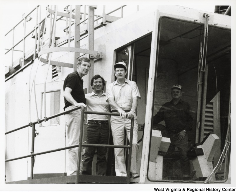 From left to right: Congressman Mo Udall (D-AZ), Congressman Nick Rahall (D-WV), and Congressman Austin Murphy (D-PA).The congressmen are on the dragline during their West Virginia -Pennsylvania surface mine (strip mine) tour.