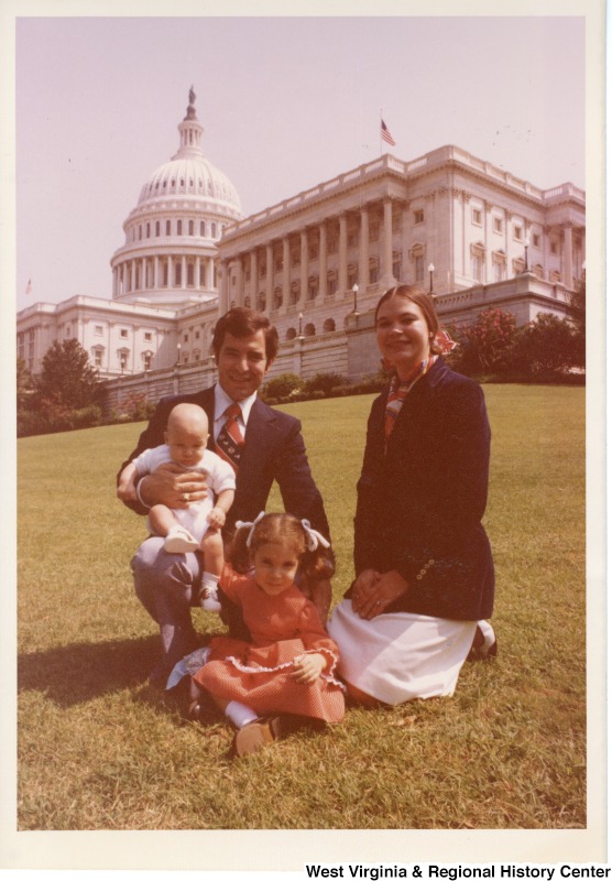 Congressman Nick Rahall II with his first wife, Helen, and their son and daughter on the lawn of the Capitol Complex.