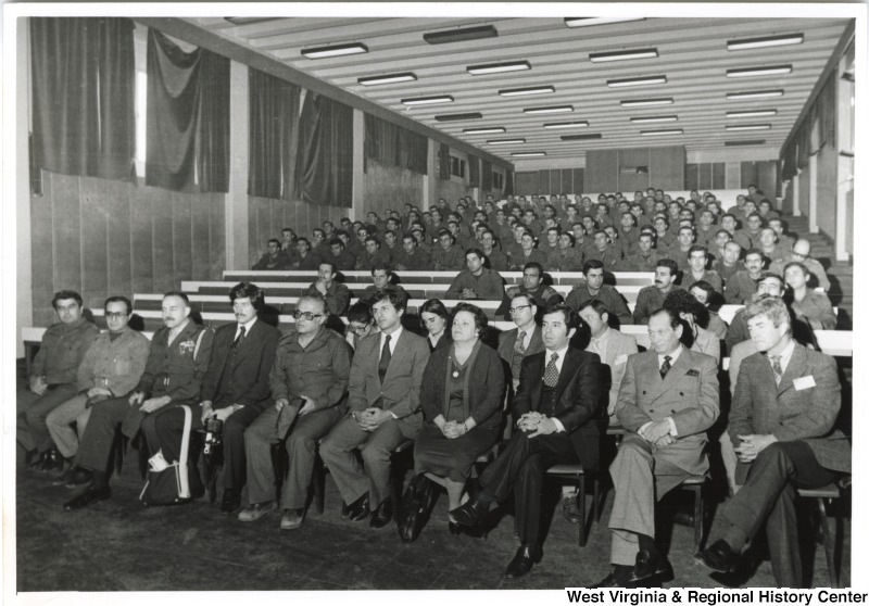 Congressmen and Ambassador being debriefed by the Lebanese Army. Front row left to right: unknown, unknown, unknown, Congressman Milton Carr, General Khoury, Congressman Toby Moffett, Congressman Mary Rose Oakar, Congressman Nick Rahall, U.S. Ambassador John Gunther Dean, and Congressman Pete McCloskey.