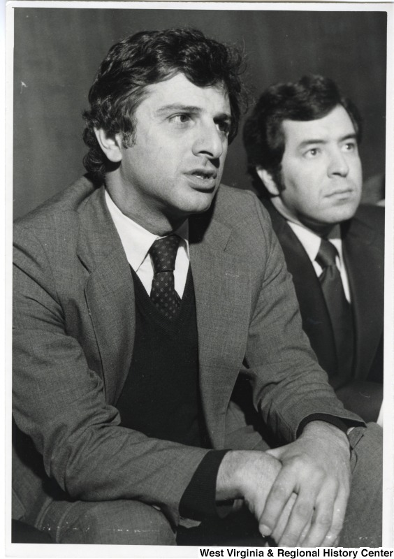 Congressman Toby Moffett (D-CT) and Congressman Nick Rahall II (D-WV) speaking at an airport press conference before their departure of Beirut to Damascus.