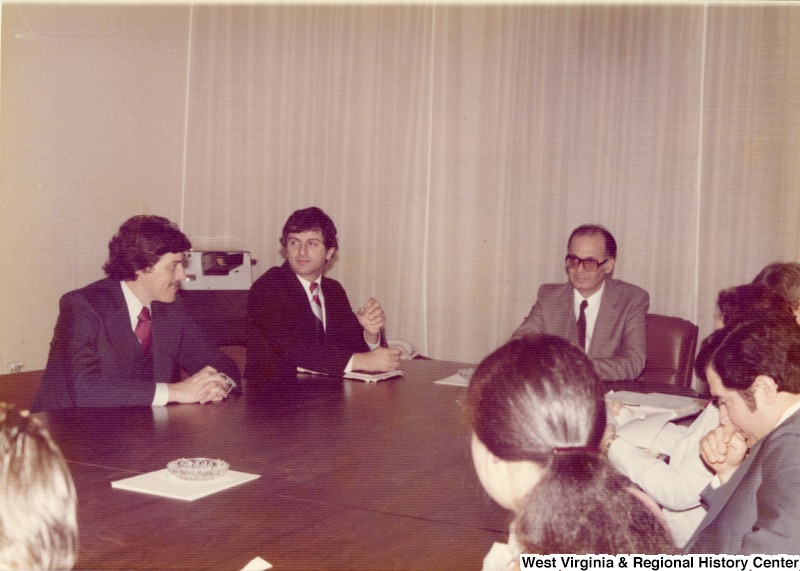 From left to right: Congressman Bob Carr (D-MI); Congressman Toby Moffett (D-CT); His excellency Fouad Butros, Deputy Prime Minister,  Minister of Foreign Affairs; Congressman Pete McCloskey (R-CA); Congresswoman Mary Rose Oakar (D-OH); Congressman Nick Rahall II (D-WV); and Ann Seneese, aide to Congressman Moffett.