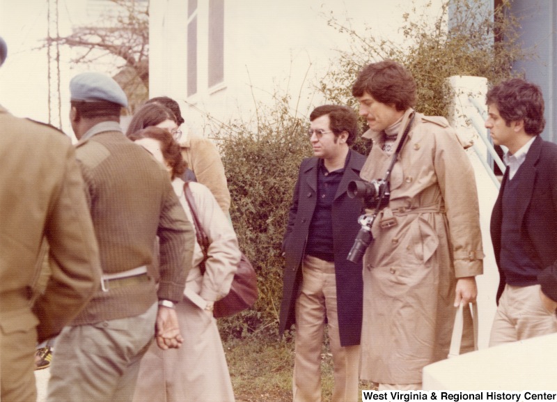 From left to right: General Emmanuel Erskine, commander of all United Nations peacekeeping troops in Southern Lebanon; Congresswoman Mary Rose Oakar; Congressman Nick Rahall; Congressman Bob Carr; and Congressman Toby Moffett. They are walking in the town of Nagoura in Southern Lebanon.