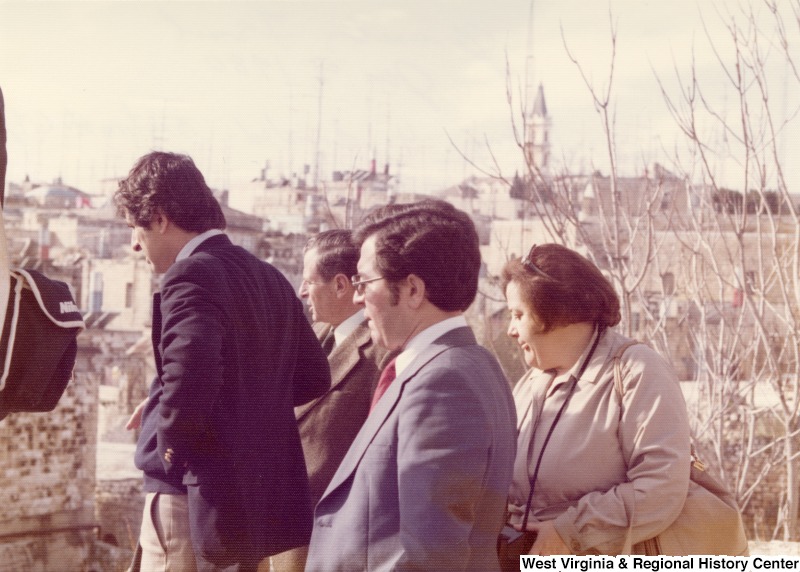 Congressman Toby Moffett, Congressman Nick Rahall and Congresswoman Mary Rose Oakar overlooking the four divided sections of the city of Jerusalem. The three congressmen are of Lebanese descent.