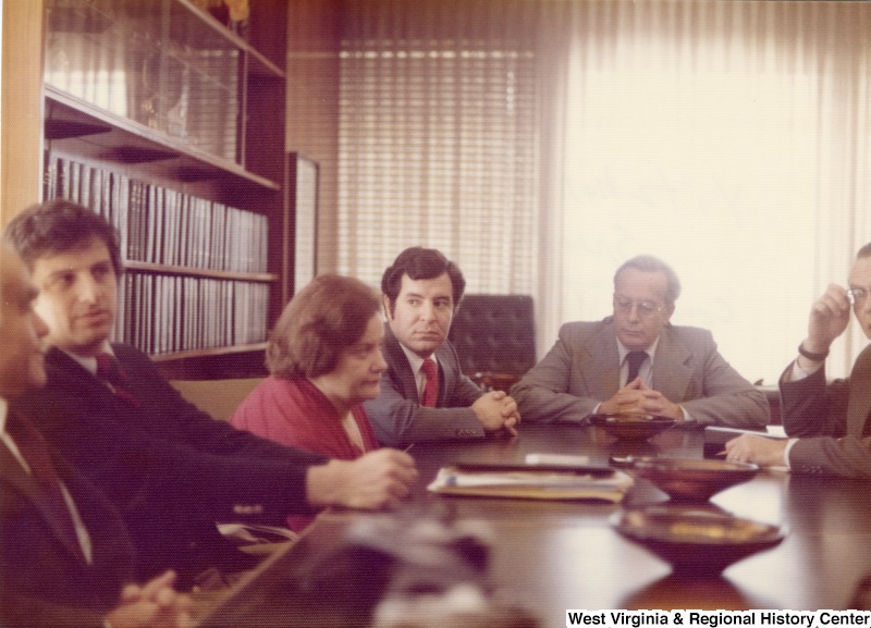 From left to right: Yitzhak Shamir, Likud Party, Speaker of Knessel; Congressman Toby Moffett; Congresswoman Mary Rose Oakar; Congressman Nick Rahall; Unidentified Israeli politician; and Jim Collins, U.S. State Department escort. They are meeting in Yitzhak Shamir's office.