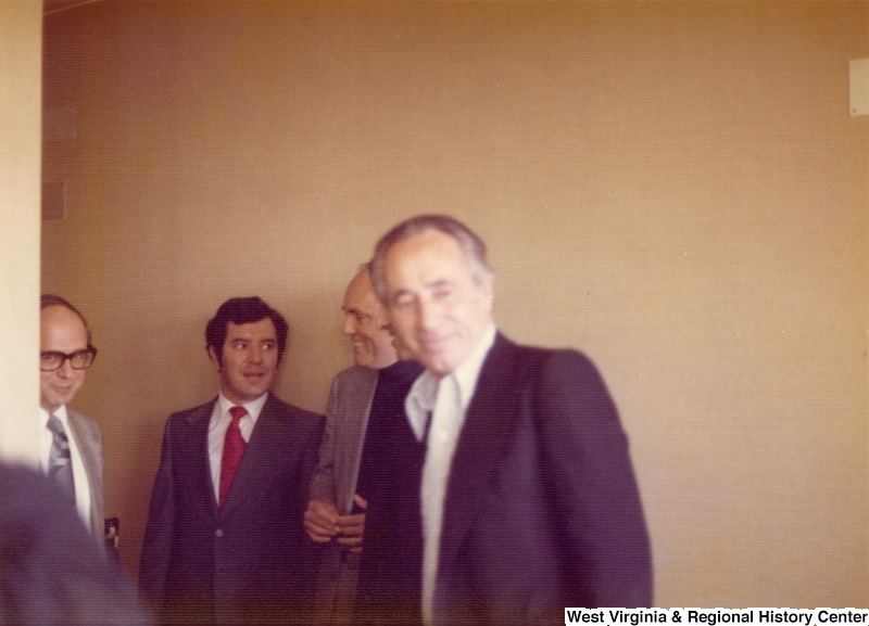 Congressman Nick Rahall (D-WV), U.S. Ambassador Sam Lewis, and Shimon Peres of the Labor Alignment Party at Knesset.