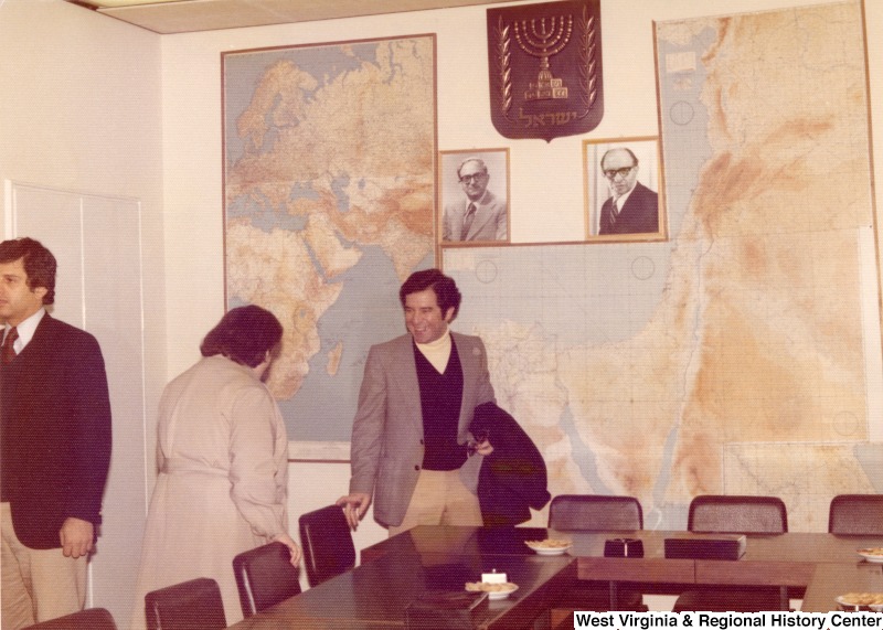 Congressman Toby Moffett, Congresswoman Mary Rose Oakar and Congressman Nick Rahall in Defense Minister Ezer Weizman's office.