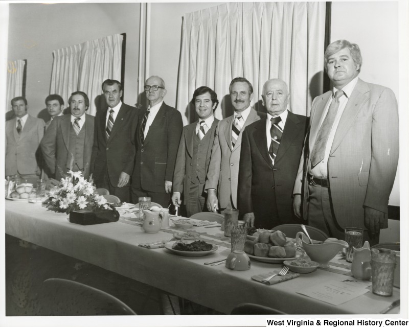 Congressman Nick Rahall II (4th from the right) having breakfast with a group of men from Williamson, West Virginia. Gerald Chafin, a longtime sheriff in Mingo County is to the right of Rahall.