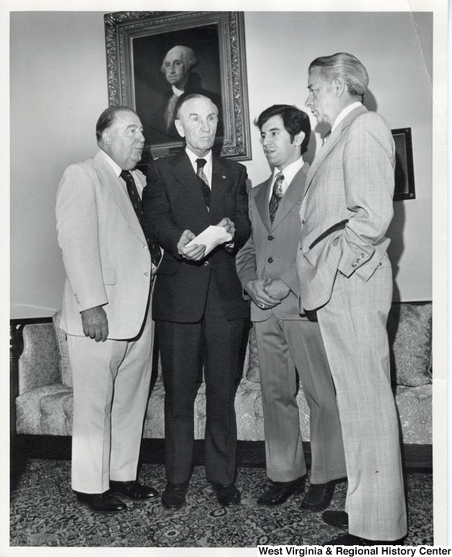 From left to right: Senator Jennings Randolph, Senate Majority Leader Mike Mansfield, Congressman Nick Rahall II, and Senator Robert C. Byrd.