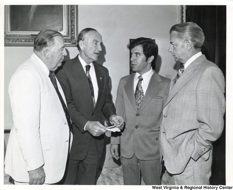 From left to right: Senator Jennings Randolph, Senate Majority Leader Mike Mansfield, Congressman Nick Rahall II, and Senator Robert C. Byrd.