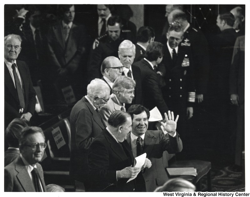 From left to right: Senator Jennings Randolph (D-WV), Congressman Nick Rahall II (D-WV), Senator Howard Metzenbaum (D-OH), Congressman John Melcher (MT), Senator John Stennis (D-MS), and Senator Fritz Hollings (D-SC) at a State of the Union Address given by President Carter.