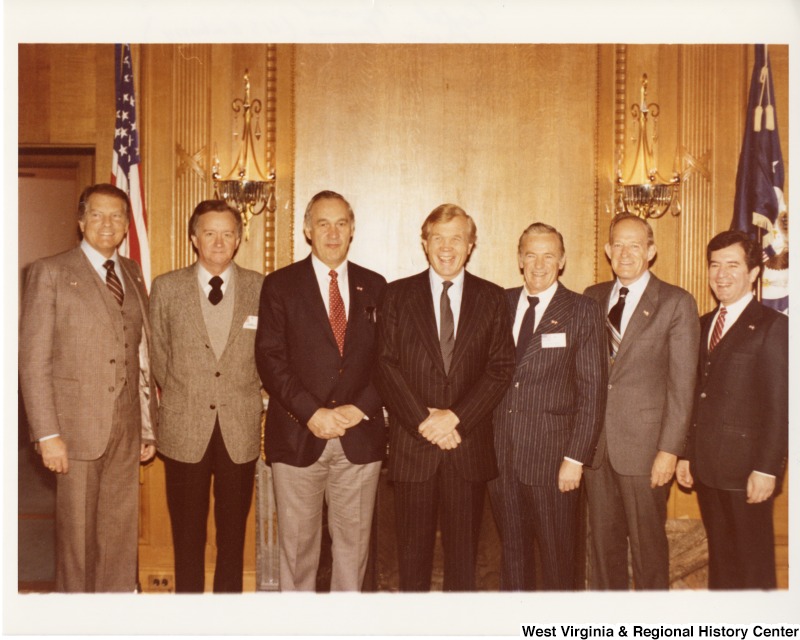 From left to right: Congressman Jerry Patterson (D-CA); Congressman John Paul Hammerschmidt (R-AK); Congressman Gene Snyder (R-KY); U.S. Ambassador to France, Evan Galbraith; Congressman Jim Howard (D-NJ), Chair of Public Works and Towns Committee; Congressman Bob Roe (D-NJ); and Congressman Nick Rahall (D-WV) at Codel Howard at the U.S. Embassy in Paris, France.