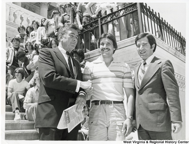 From left to right: Congressman John Slack (D-WV), Frank K. Salerno, and Congressman Nick Rahall II (D-WV) with Lincoln City Junior High School on the House steps of the U.S. Capitol.