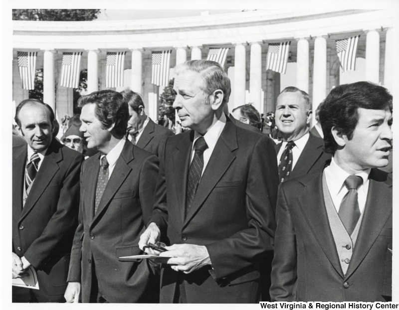 From left to right: Congressman Earl Hutto (D-FL); Congressman Ronnie Flippo (D-AL); Congressman Tom Bevill (D-AL); Congressman Bill Nichols (D-AL); and Congressman Nick Rahall (D-WV) at Arlington National Cemetery for the memorial service for 8 men killed in the failed attempt to rescue American hostage's in Iran.