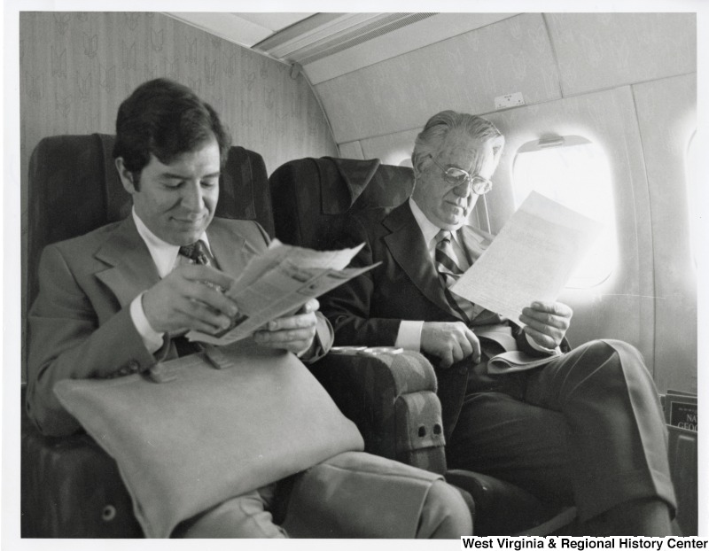 Congressman Nick Rahall and Congressman Bob Mollohan traveling to Yeager Airport for Congressman John Slack's funeral service.