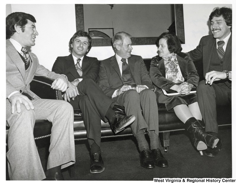 From left to right: Congressman Nick Rahall (D-WV); Congressman Toby Moffett (D-CT); Secretary of the State Cyrus Vance; Congresswoman Mary Rose Oakar (D-OH); and Congressman Bob Carr (D-MI) at a briefing for the Middle East and Lebanon trip.