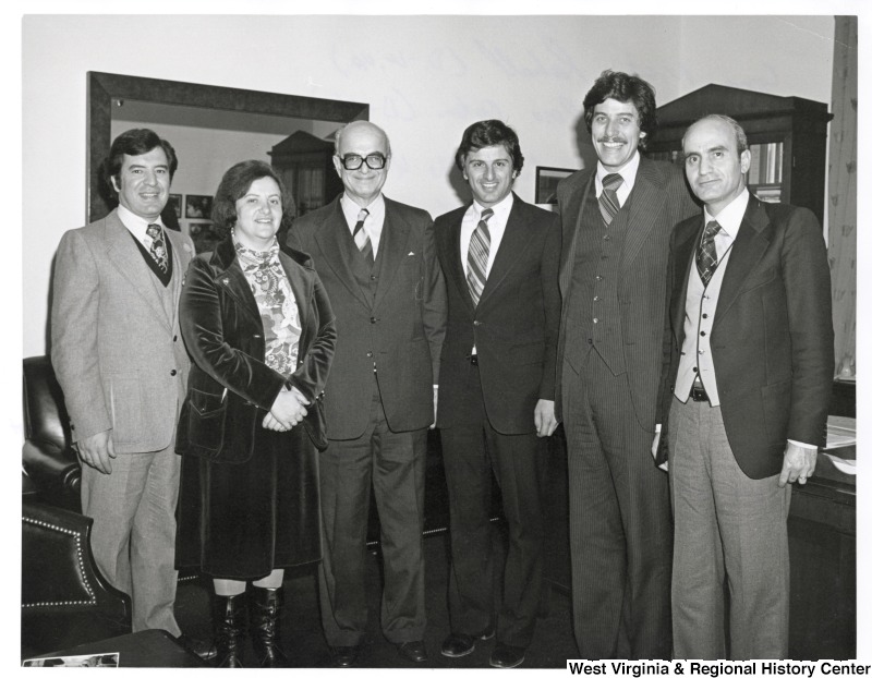 From left to right: Congressman Nick Rahall (D-WV); Congresswoman Mary Rose Oakar (D-OH); Lebanese Ambassador to the U.S. Khalil Itani; Congressman Toby Moffett (D-CT); Congressman Bob Carr (D-MI); and an unidentified aide to the Lebanese Ambassador. They are briefing the Ambassador on their trip to Lebanon and the Middle-East.