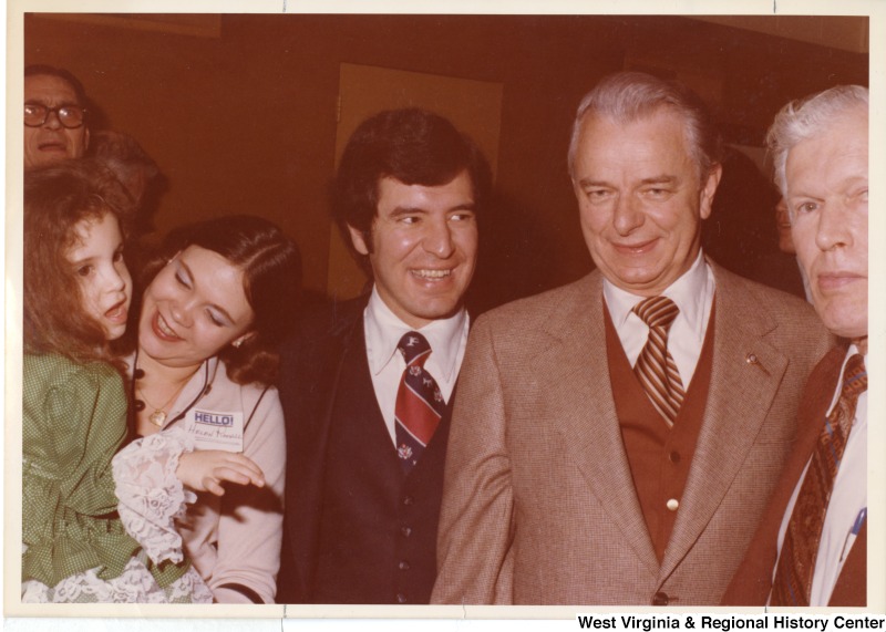 From left to right: Rebecca and Helen Rahall; Congressman Nick Rahall II; Majority Leader, Senator Robert C. Byrd; and United Mine Workers of America (UMWA) President Arnold Miller at a Rahall fund raiser.