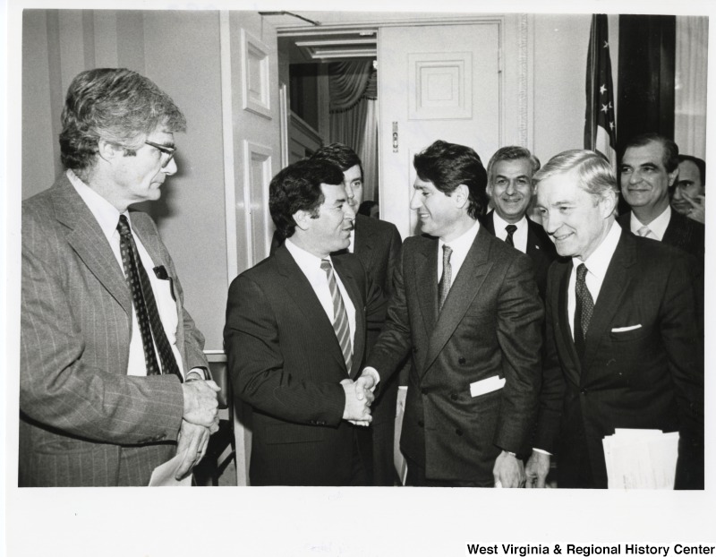 Congressman Nick Rahall II (D-WV) shaking hands with the President of Lebanon, Amin Gemayel. Senator Charles Percy (R-IL) is to the right of President Gemayel, was the Chair of the Senate Foreign Relations Committee.