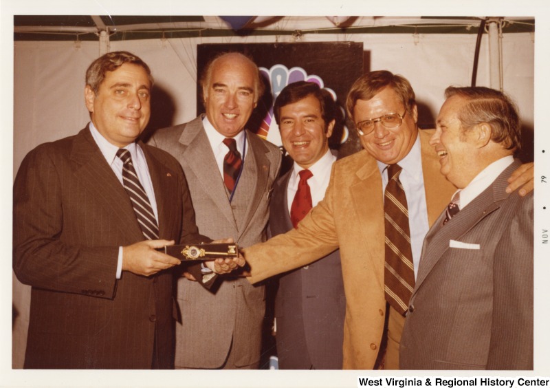 From left to right: Fred Silverman, President of NBC; George Andrick, manager of WSAZ; Congressman Nick Rahall II (D-WV); George Mallott, City Council; and Dick Barton, City Manager at the WSAZ-TV3 30th anniversary party in Huntington, West Virginia.