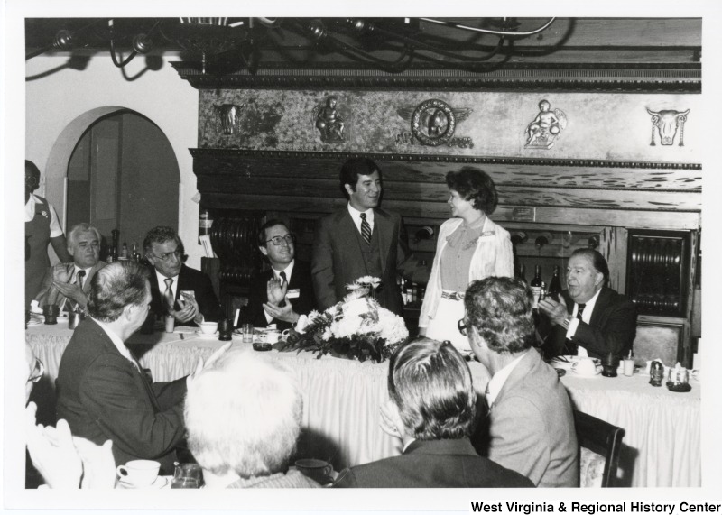 From right to left at the table: Senator Jennings Randolph; Sharon Rockefeller (standing); Congressman Nick Rahall II (standing); and Governor Jay Rockefeller at the 32nd fundraising party at the Democratic Club.