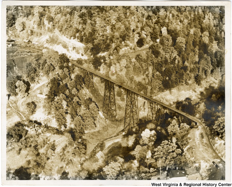 Black and white aerial photograph of the coal mines at Crumper, West Virginia. The back of photograph has written on it: "This is the mines. It was taken between 1915-1918."