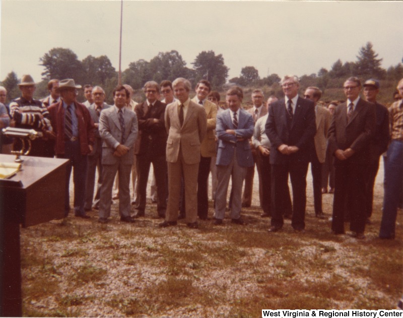 An unidentified group of men at the Crab Orchard-MacArthur Public Service Department building groundbreaking ceremony. Congressman Nick Rahall, II is the seventh from the left.